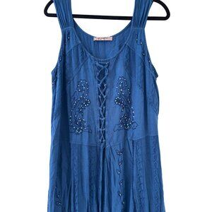 Joe Browns Boho Blue Sleeveless Embroidered Lace-Up Dress Flowy Hem & Beaded